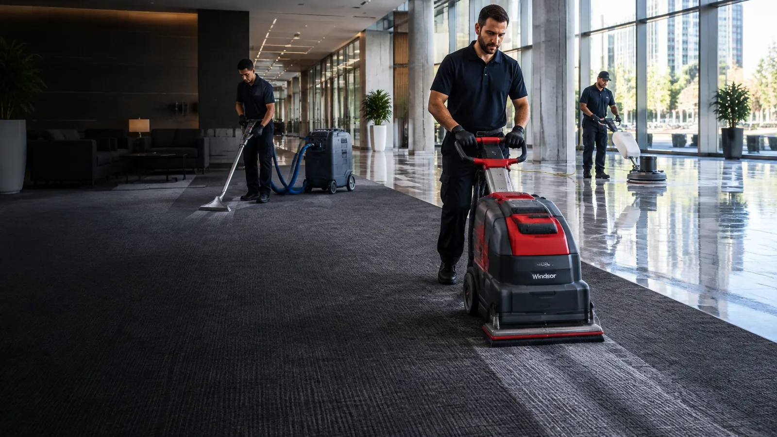Commercial floor-care technicians performing low moisture encapsulation carpet cleaning with a Windsor iCapsol machine, hot water extraction, VCT strip and wax, and hard-floor scrubbing and buffing