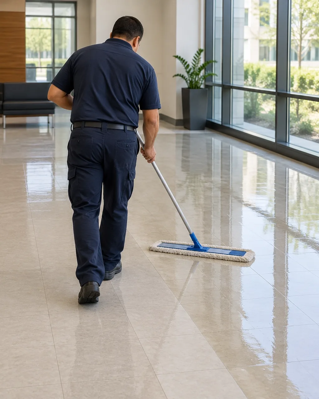 Technician waxing VCT commercial tile flooring with a flat mop, seen from behind